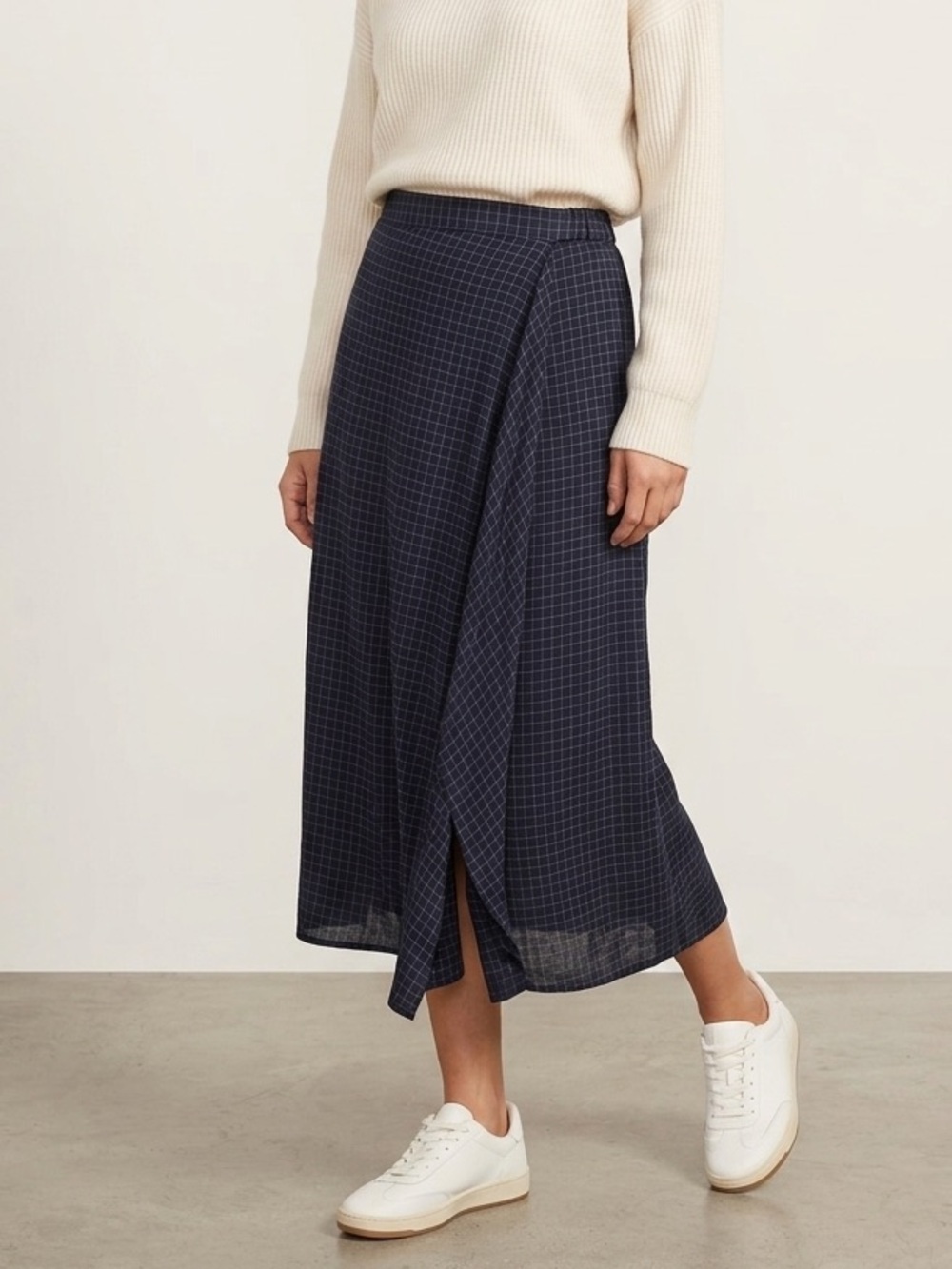 NWT Sita Murt Sz S (38) Navy Plaid Wool Blend Academia Midi Skirt